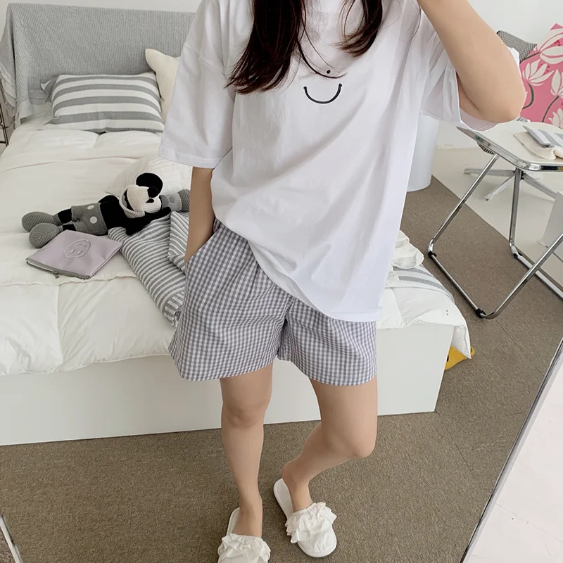 Korean version 2023 new summer small smiling face Korean double short plaid casual transparent suit pajamas home clothes