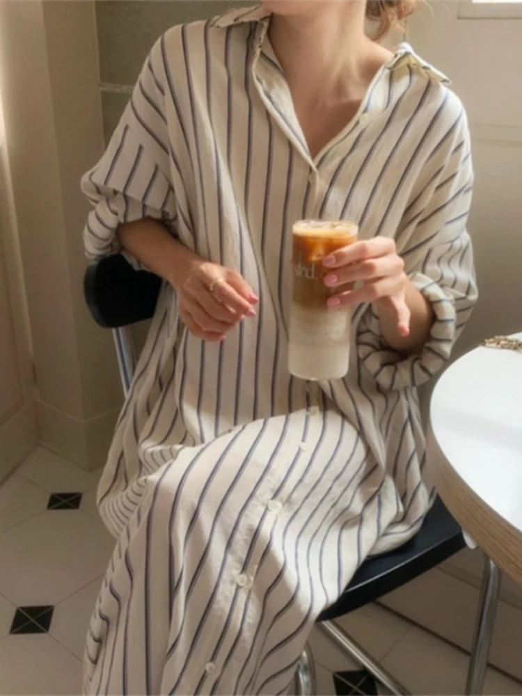 

Dress Women Spring Summer Dress Woman 2023 Trendy Loose Collar Stripe Casual Style Shirt Dress Long Sleeve Top Womens Clothing