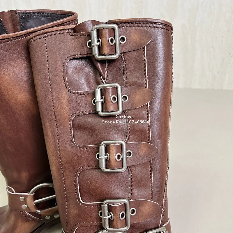 Metal Buckle Retro Brown Knight Boots Woman Winter 2023 Slip-On Heels Mid-Calf Boots Round Toe Chunky Heel Western Cowboy Boots