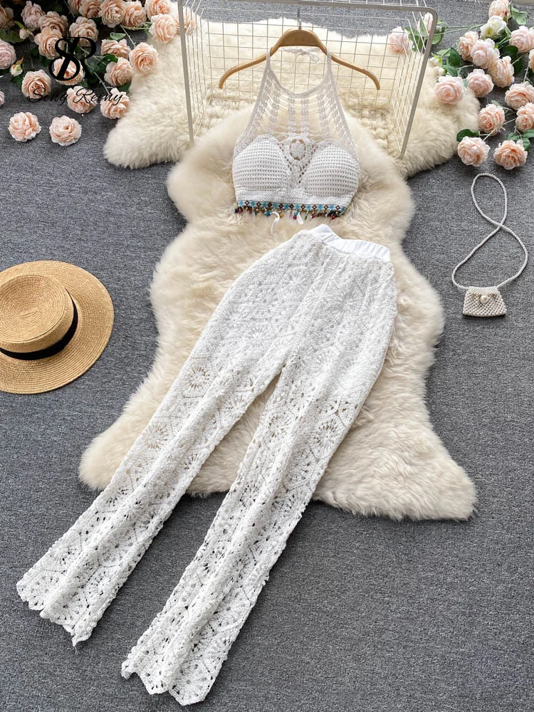 

Women Summer Knitted Sets Halter Short Tops+ Wide Leg Long Pants Sets Beach Sexy Backless Hollow Out Two Piece Suits