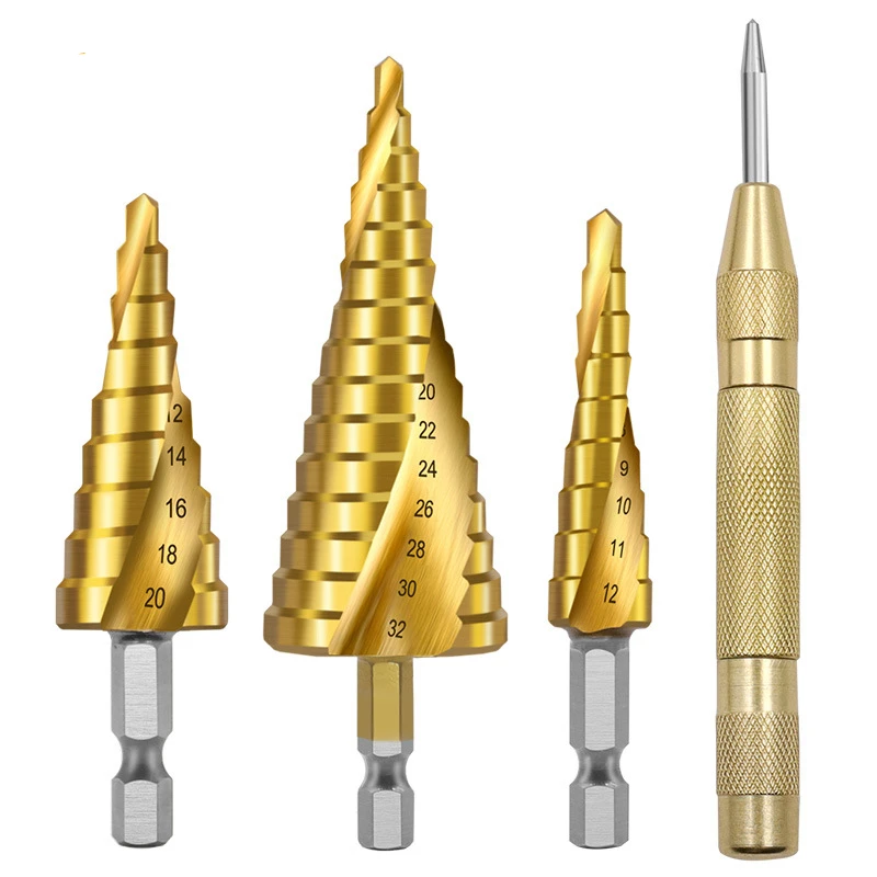 

4 шт. спиральное ступенчатое сверло из быстрорежущей стали титана + центральный перфоратор 4-12 4-20 4-32 сверлильные электроинструменты конусно...