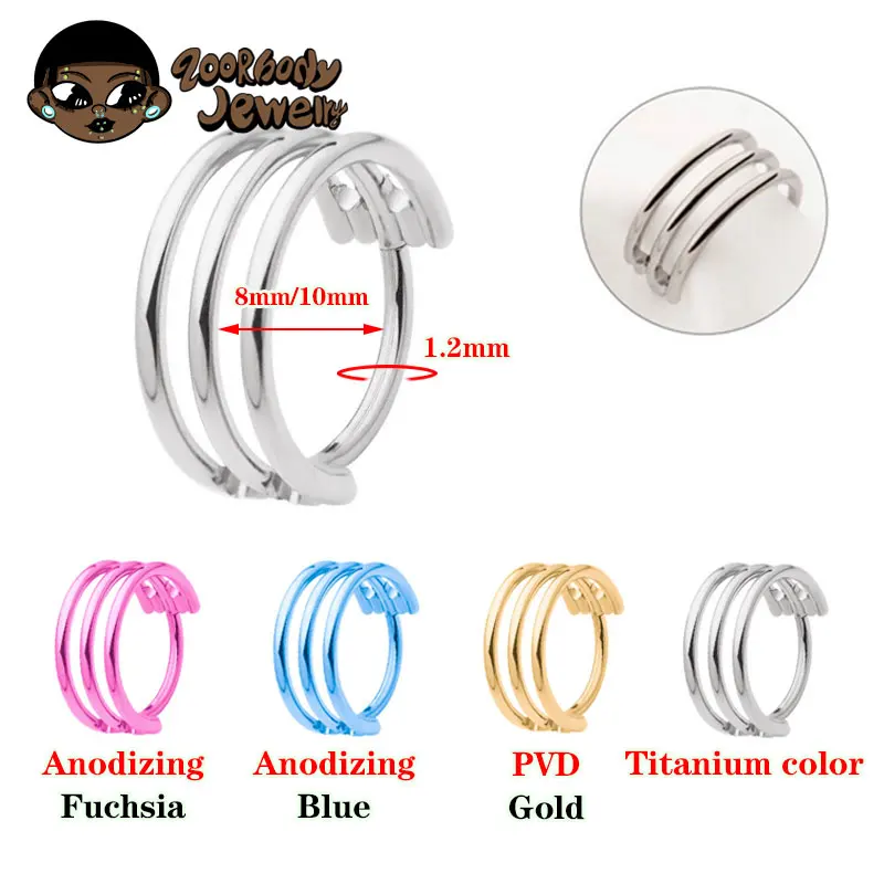 G23 Titanium Three Layer Hollow Hinged Nose Ring 16G Clicker Ear Cartilage Tragus Helix Piercing High Quality Body Jewelry