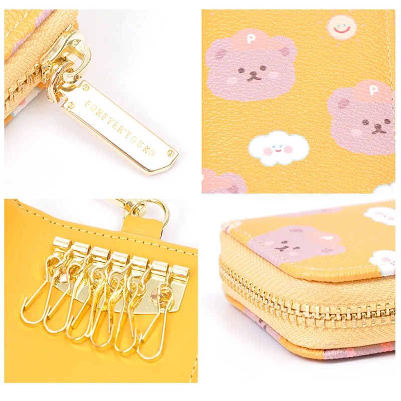 New Bear Print Large Capacity Women Key Holder Wallet Chain Zipper Car Keys PU Leather Cover Organizer Case Ladies Key Bag Small