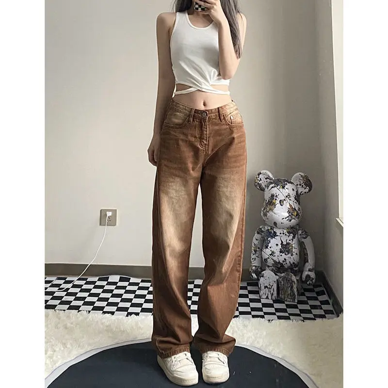 

Women's Large Size Retro Brown Straight Jeans 2022 Autumn New Loose Korean Style Slimming Casual Wide-Leg Draggle-Tail Trousers