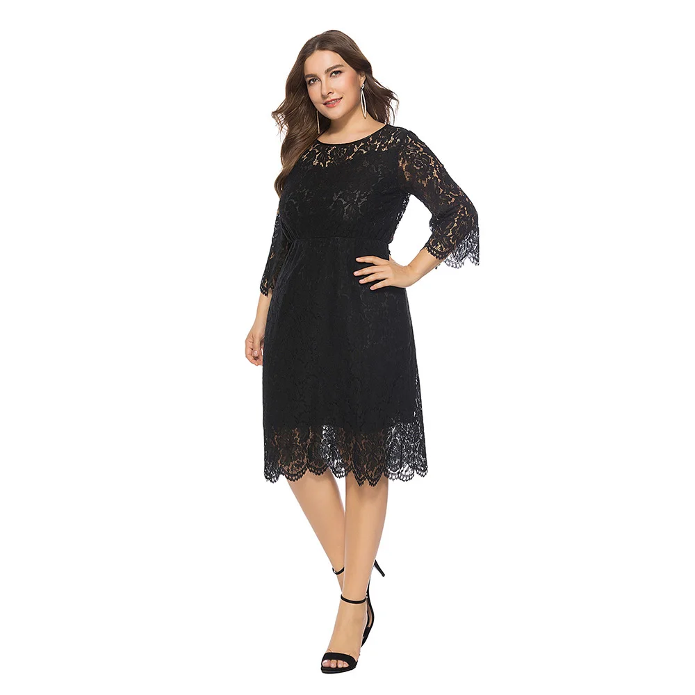 

Luxury Red Lace Evening Dress Party Illusion Regular Three Quarter Sleeve Casual Vintage Solid O-Neck New Summer Oversized 6XL