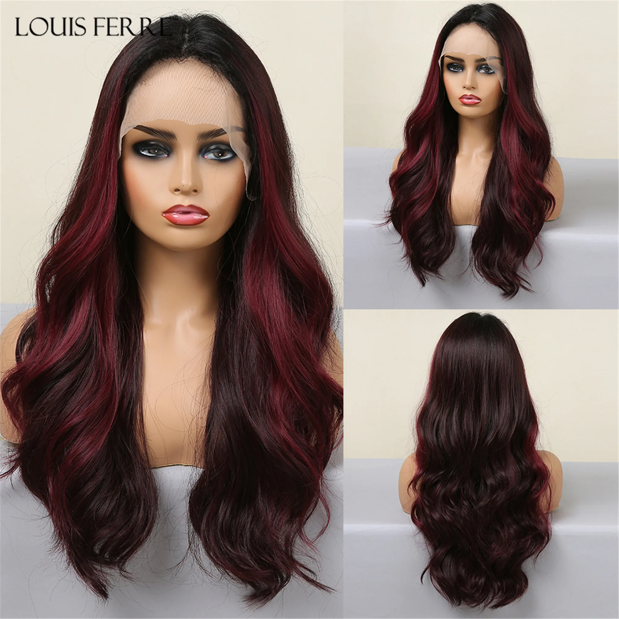 

LOUIS FERRE Burgundy Lace Frontal Wave Synthetic Wigs Long Wine Red Highlight Hair Wigs 13*1 T Part Lace Frontal Heat Resistant
