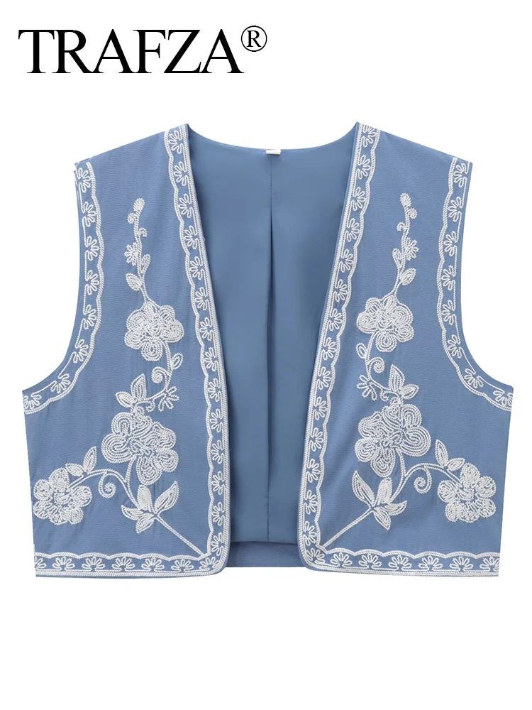 Винтажный женский жилет с вышивкой TRAFZA 2024 повседневная майка короткими рукавами