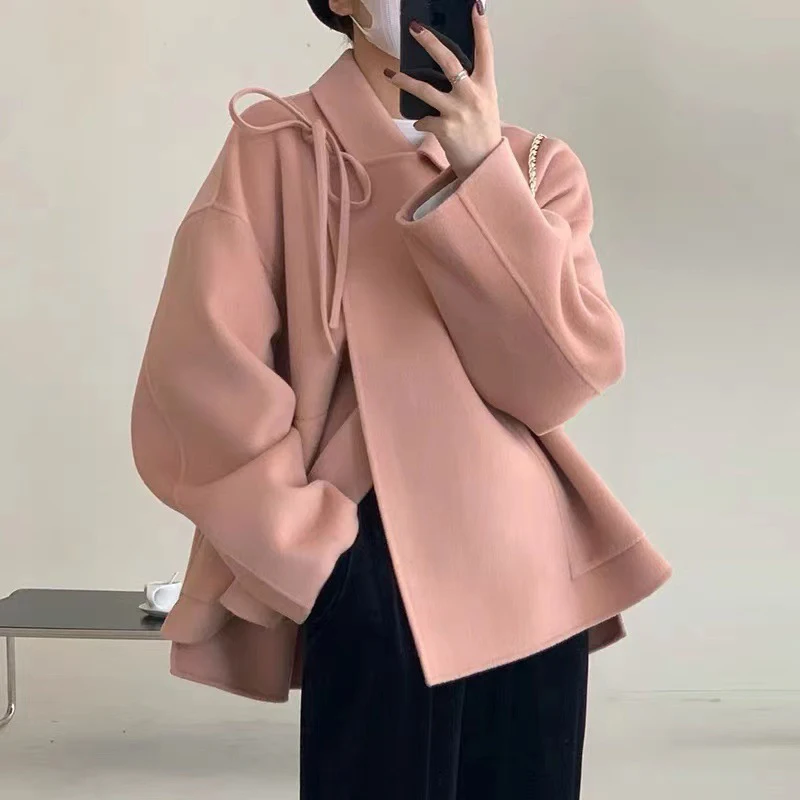 High Quality Woolen Coat Women Korean Fashion Full Sleeve Oversized Warm Coats 2022 Autumn Elegant Pink Woolen Jacket Female