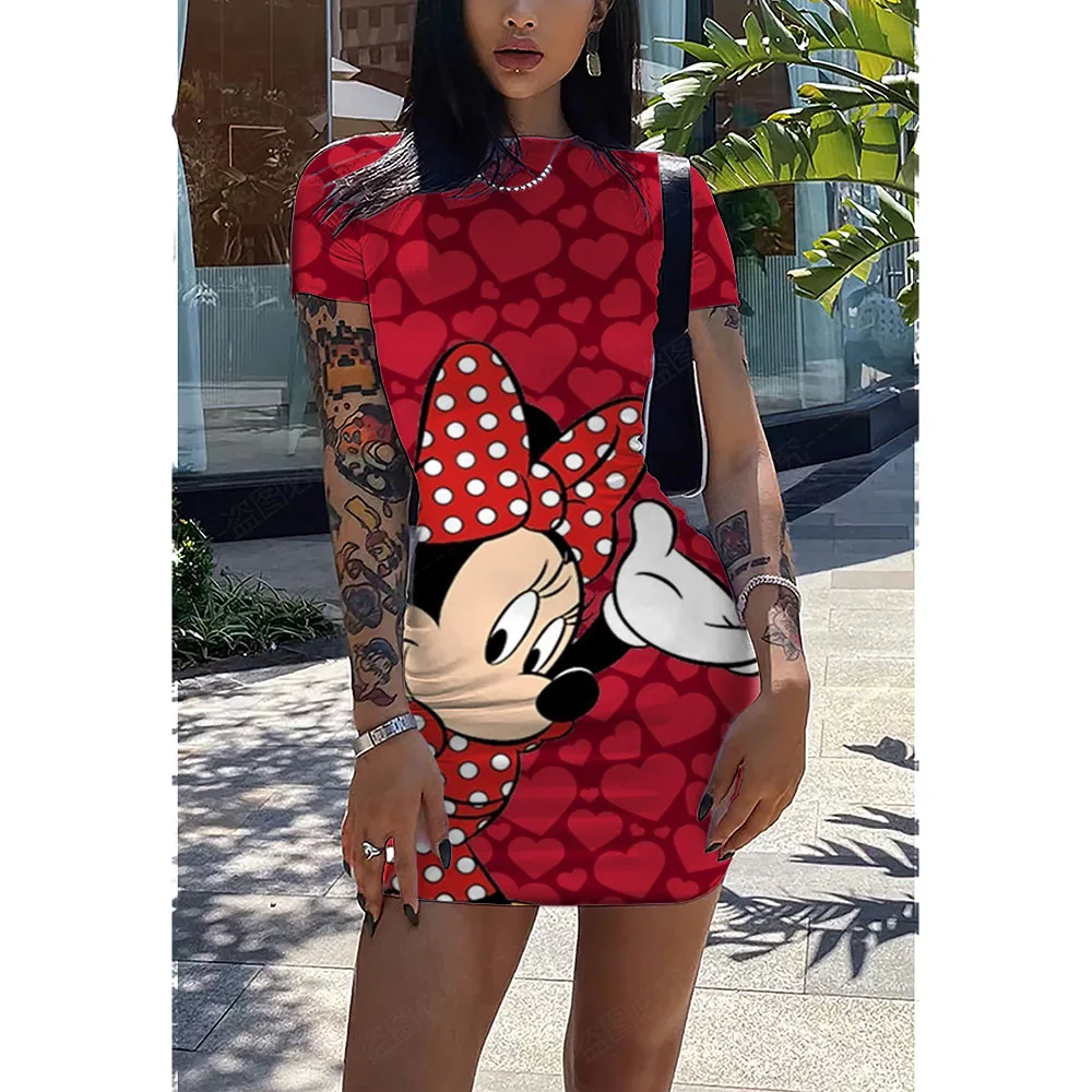 

Модная футболка-юбка с милыми мультяшными героями Диснея Минни и Микки с короткими рукавами облегающее тонкое летнее женское платье