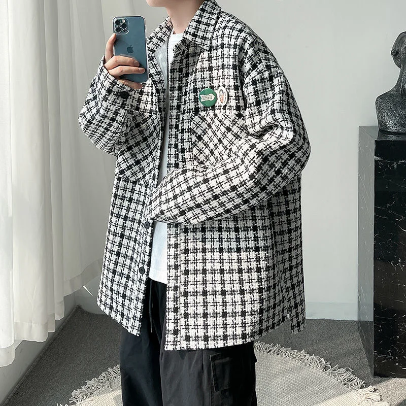 Куртка мужская шерстяная в клетку с отложным воротником |