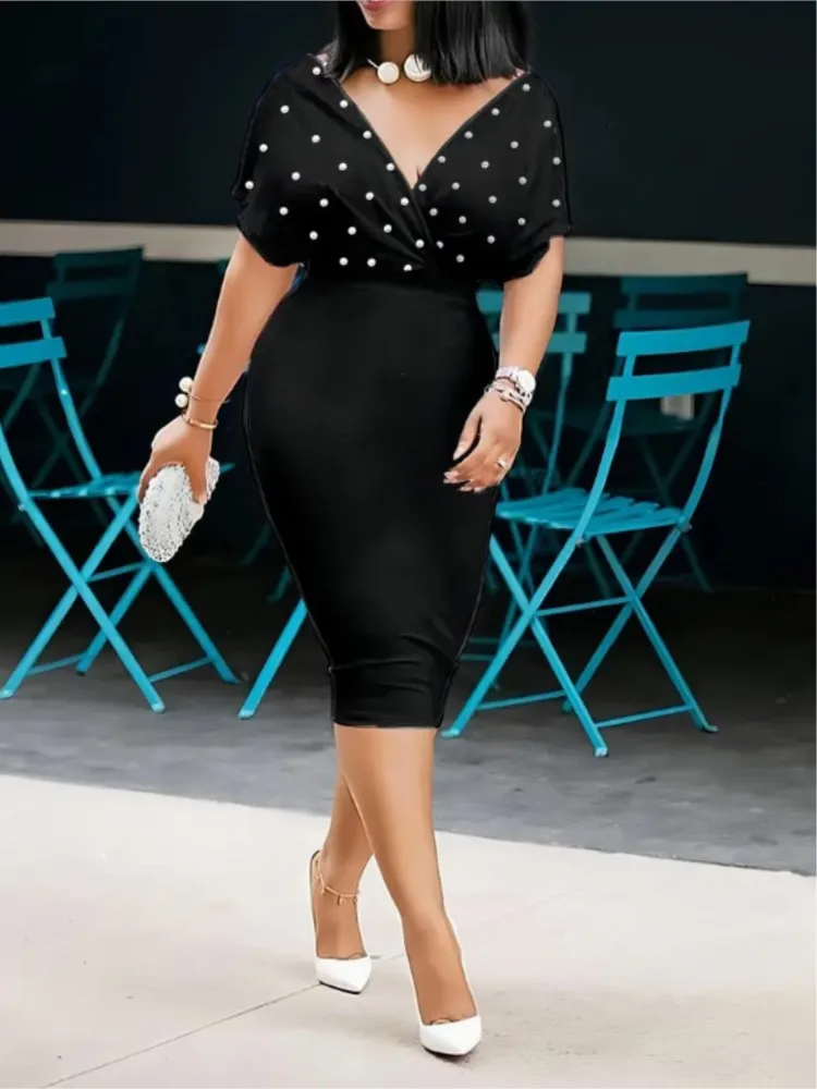 Фото Модное вечернее платье для женщин, сексуальное платье с v-образным вырезом, элегантные платья на бедрах, 2025 г., летнее женское однотонное тонкое офисное платье миди №5