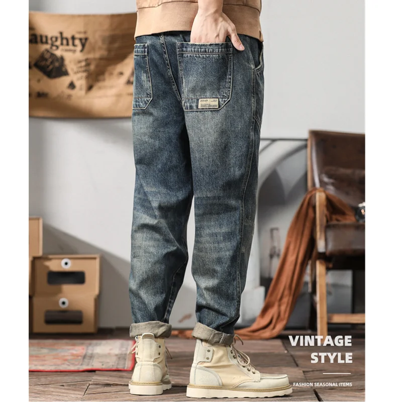 Streetwear Men 2022 New Pattern Vintage Splicing Recreational Blue Pants Straight Cylinder Comfortable Loose Jeans Autumn Female