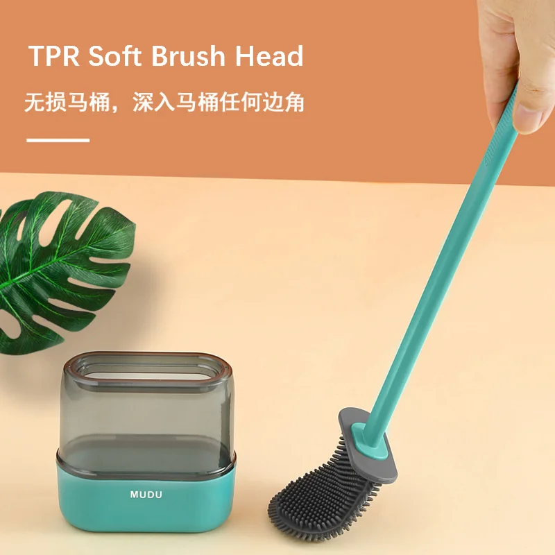 

Breathable Water Leak Proof with Base Silicone WC Flat Head Flexible Soft Bristles Toilet Brush Quick Drying Holder