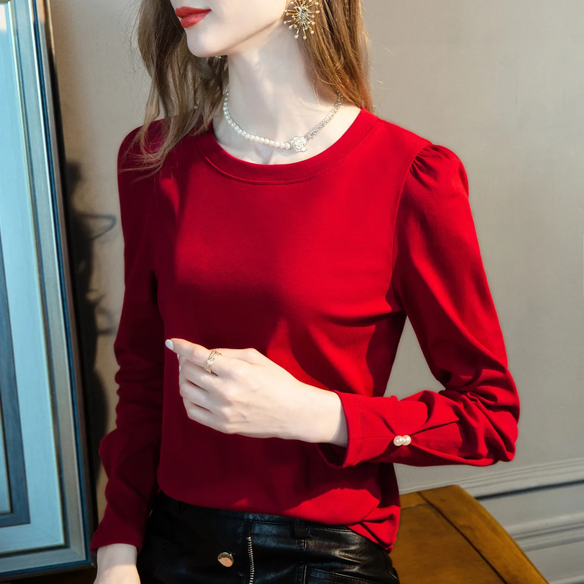 

Cotton Round Neck Long Sleeve T-shirt 2022 Women's New Solid Color Puff Sleeve Knitted Red Y2k Tops Graphic T Shirts