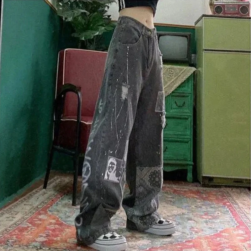 

Fashion Women Loose Vintage Pants Women Harajuku Baggy Jeans Womens Pants Casual Funny Gothic Pants Summer Jeans for Women