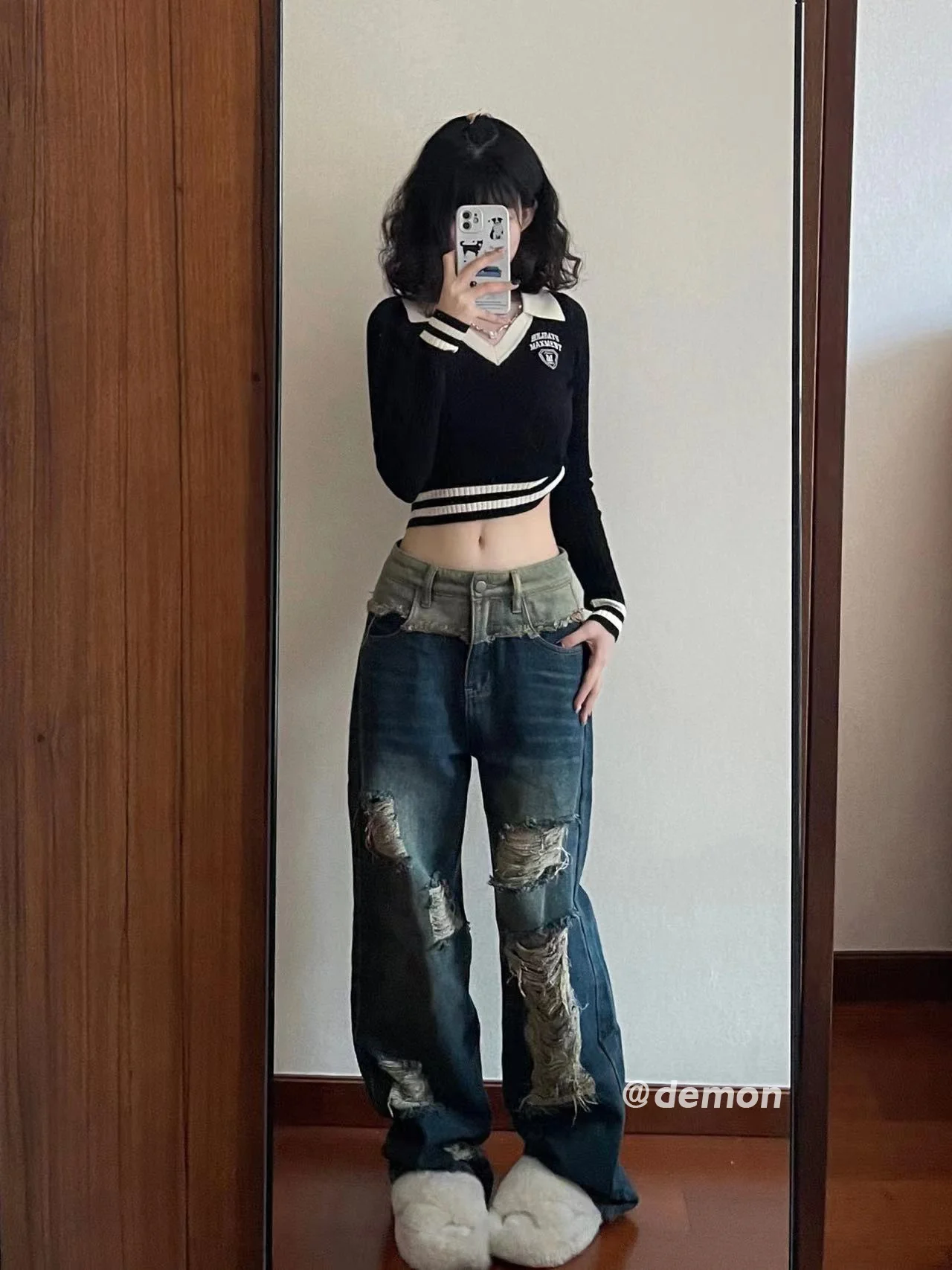 

Женские рваные джинсы с высокой талией, уличные рваные прямые брюки свободного покроя, уличные джинсы с прострочкой, весна 2023