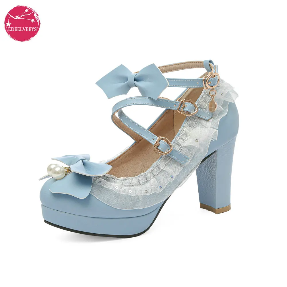 

Retro Court Princess Cosplay Kawaii Lolita Shoes Cross Strap Bow Pearl Lace Mesh Tea Party High Heel Women Pumps Big Size 48