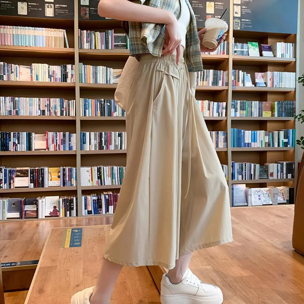 

Women Loose Trousers Stylish Women's Culotted Trousers A-line Wide Leg High Waist with Drawstring Mid-calf Length Pleated