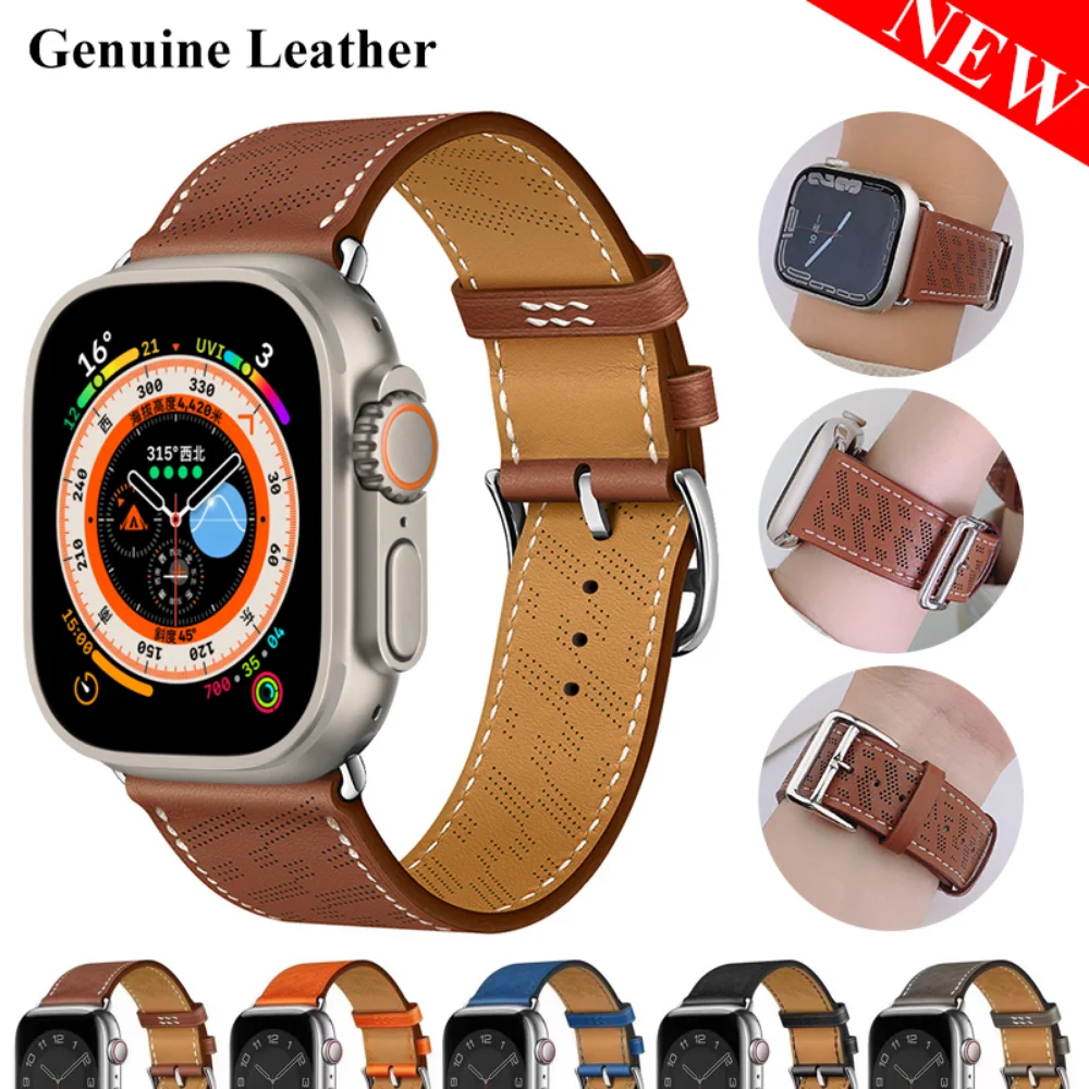 

Genuine Leather Strap For Apple Watch 8 7 6 SE 3 45mm 41mm 44mm 40mm Bracelet Watchband For iWatch Ultra 49mm 42mm 38mm Correa