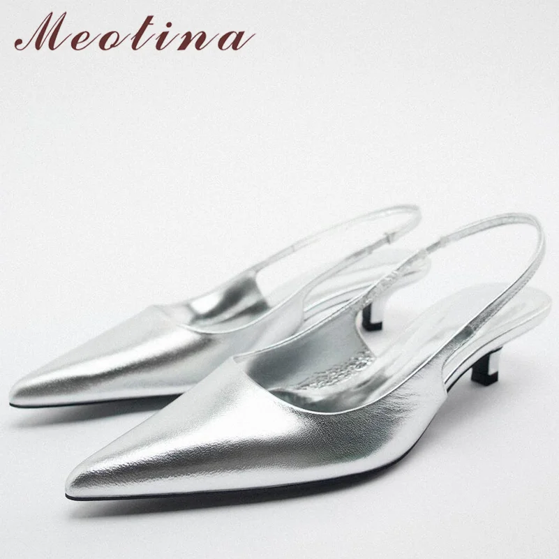 

Meotina Women Genuine Leather Slingbacks Pointed Toe Block Mid Heels Pumps Buckle Ladies Fashion Spring Autumn Shoes Green 42