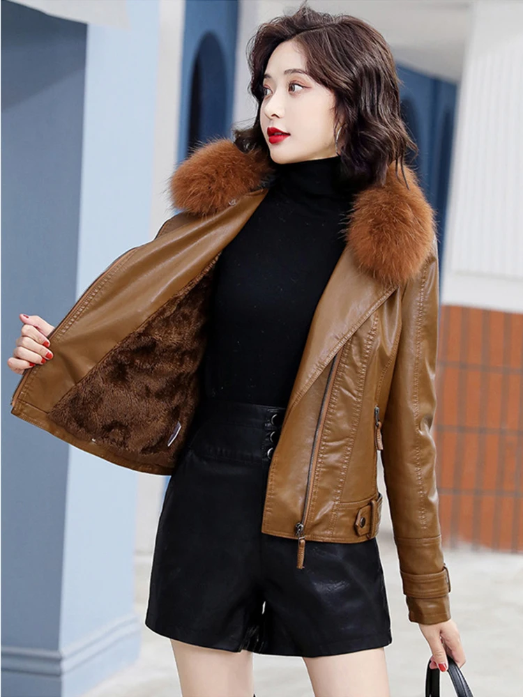New Women Sheepskin Jacket Autumn Winter Fashion Fox Fur Collar Plus Velvet Lining Thick Warm Leather Biker Jacket Split Leather