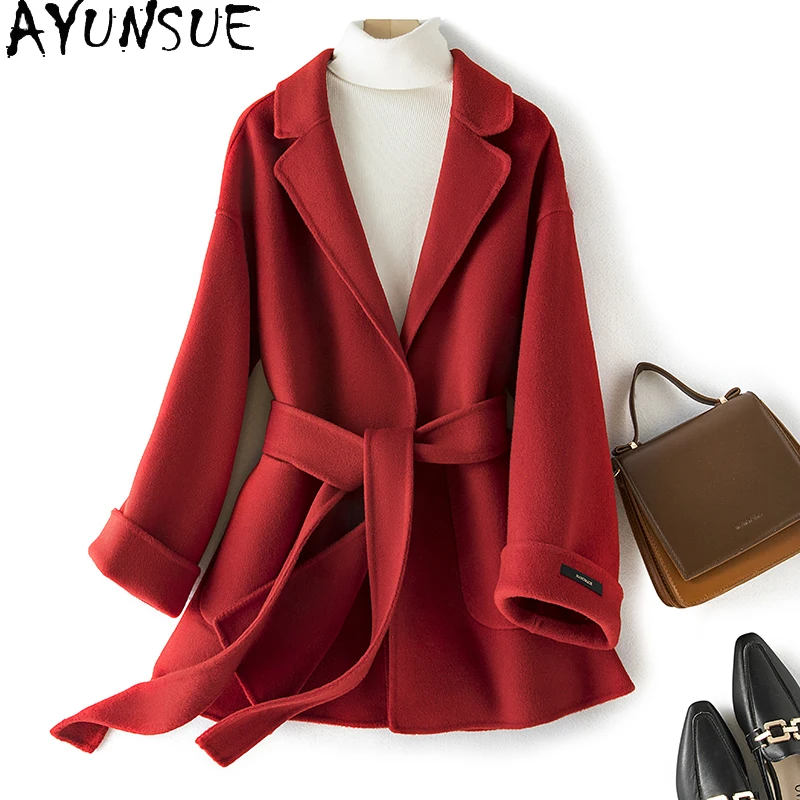 

Ayunsue Real Women's Wool Coat Women Jacket Double-sided Woollen Cashmere Coats Belted Trench Coat Female Casaco Feminino