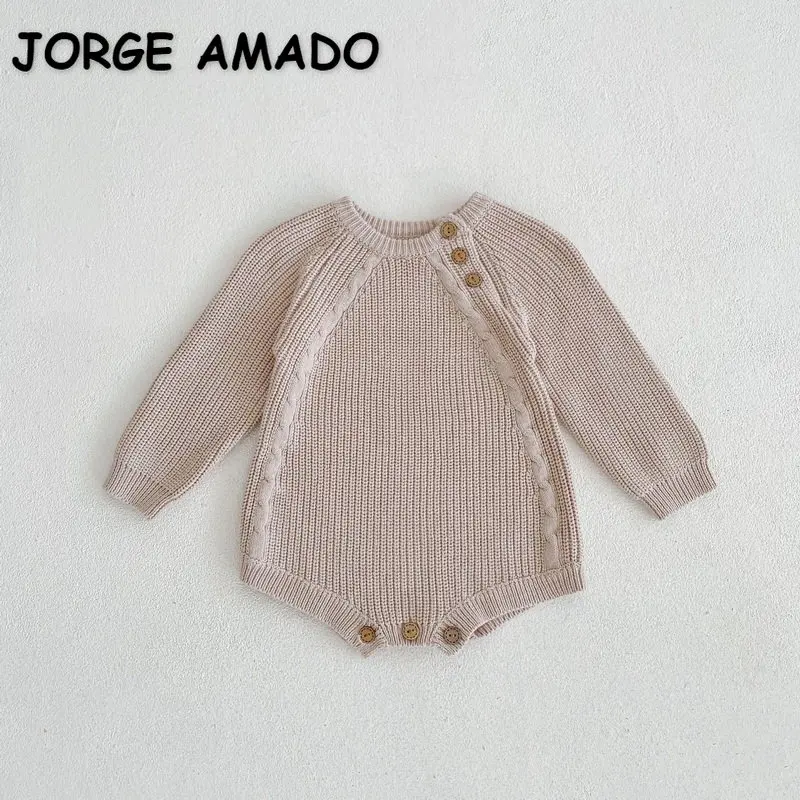 

New Autumn Baby Girl Boy Bodysuit Long Sleeves Round Collar Apricot Solid Color Knitwear Jumpsuit Newborn Playsuit E2367