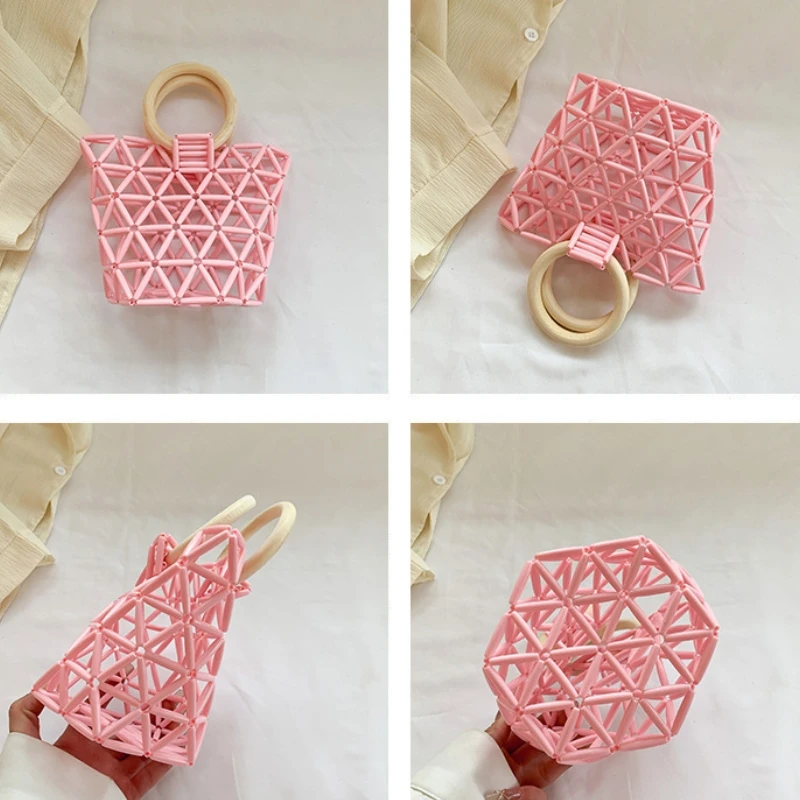 Summer Mini Acrylic Beaded Handbag Bucket Bag with Round Handle Hollow Out Design Girls Small Bag Seaside Beach Bag Sac A Main