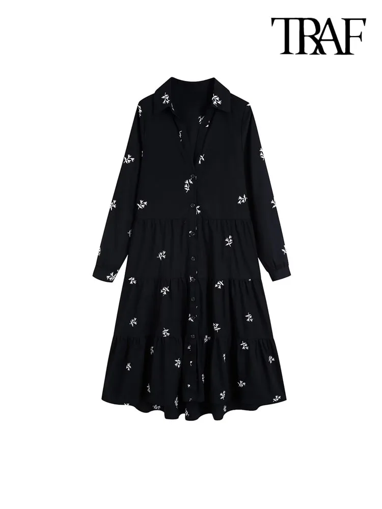 

Платье-рубашка средней длины из поплина с цветочной вышивкой и длинным рукавом