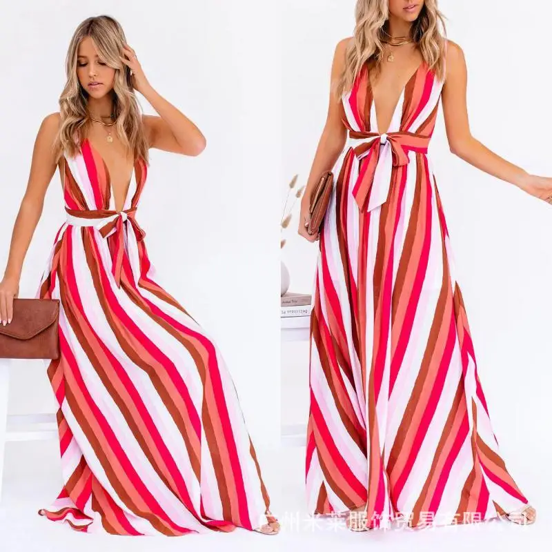 

2022 New Sexy Sling Deep V Stripe Casual Loose Lace up Swing Dress