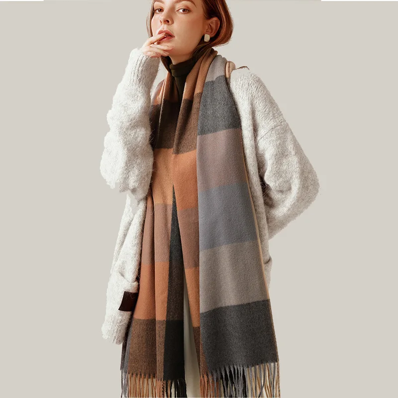 

Women Scarf Autumn Winter Imitation Cashmere Plaid Muffler Luxury Lady Wide Lattices Long Shawl Temperament Tassel Warm Scarves