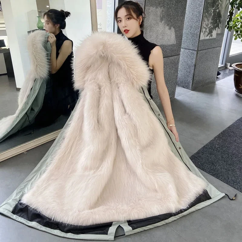 Parkas Women 2022 Autumn Winter new faux Fur Coat Fashion Loose Casual Long Jacket Hooded Removable Faux Fur Fur Liner Outerwear