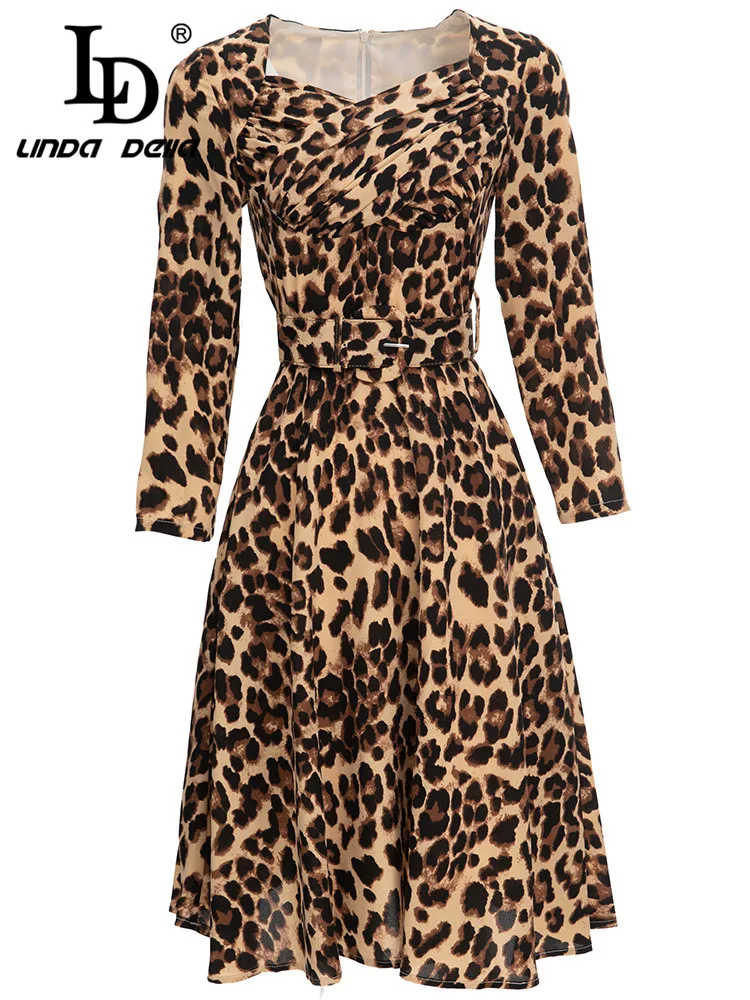 LD LINDA DELLA Fashion Designer Autumn Winter Dress Women Long sleeve Sashes Vintage Leopard print Party Midi Dress Vestidos