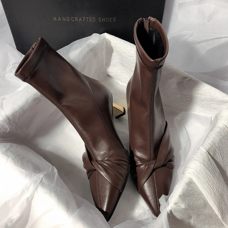 

Женские ботильоны на высоком каблуке, осень/зима 2023, ботильоны с острым носком из коричневой кожи на молнии в стиле ретро, женские ботинки ...