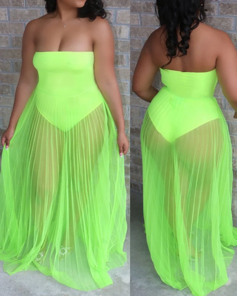 

Summer Off Shoulder Sleeveless Plain Sheer Mesh Maxi Dress 2022 New Sexy Femme Light Bodysuit Robe Y2K sukienka Casual traf