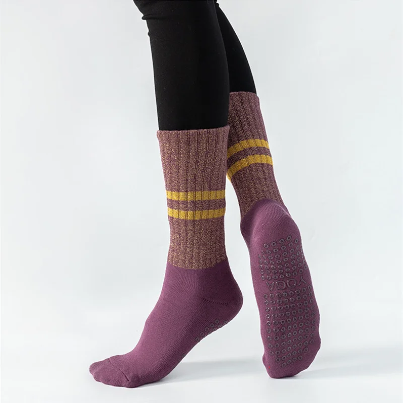 

New Casual Striped Yoga Socks Soft Cotton Breathable Knee-high Dance Sports Socks Non-slip Silicone Floor Workout Pilates Socks