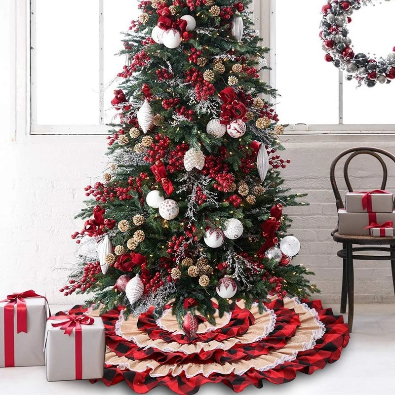 

Round Plaid Lace Carpet Christmas Tree Cake Skirt Cover Home Decoration