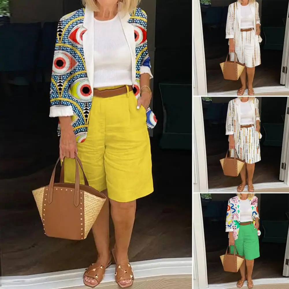 

Trendy Women Blazer Suit Anti-Pilling Summer Outfit Wide Leg Women Digital Printing Blazer Coat Shorts Set Workwear