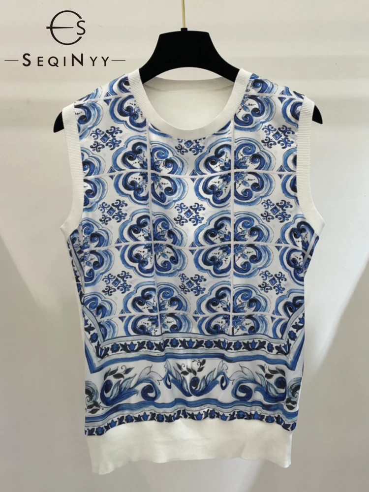 

SEQINYY White Vest Top Spring Autumn New Fashion Design Women Runway High Quality Knitting Spliced Vintage Blue Flowers Print
