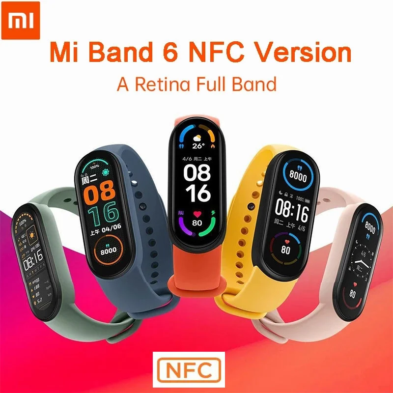 

Оригинальный браслет Xiaomi Mi band 6, версия NFC, Bluetooth, датчик движения, с мониторингом уровня кислорода в крови, водонепроницаемый