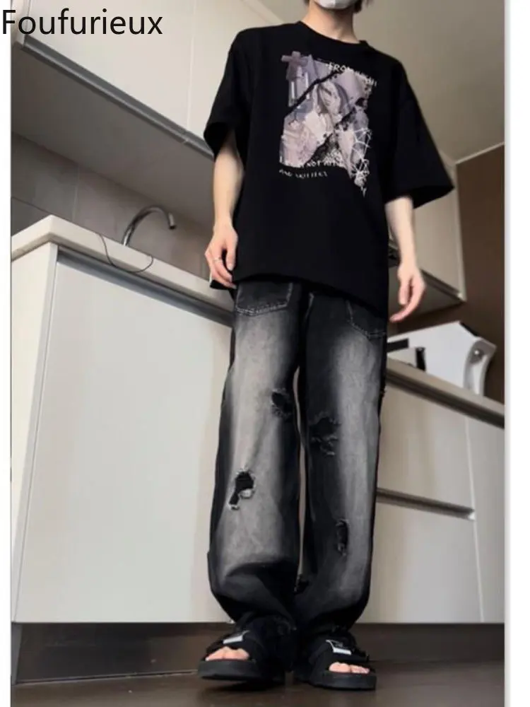 

Straight Washed Men Denim Vintage Pocket Black Fashion Trousers Pants Korean Baggy Front Pantalon Foufurieux 2022 Jeans