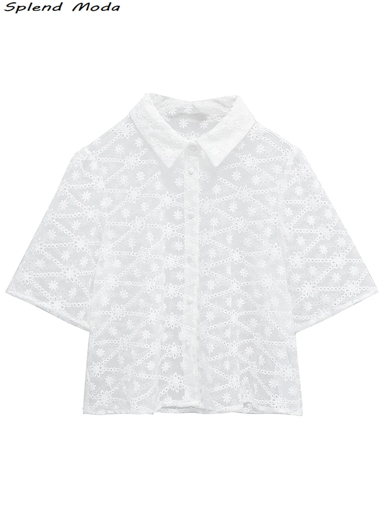 

2022 ZA Women Fashion Summer Street Style Embroidery Short Blouses Young Chic Single-breasted Shirts Sexy Translucent Tops
