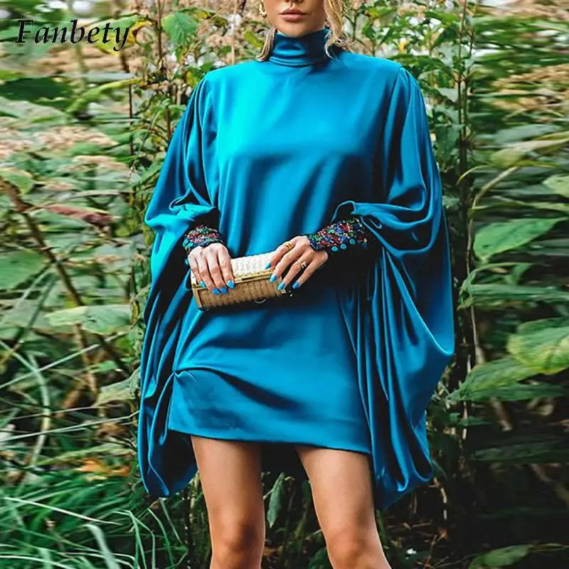 

Элегантное однотонное женское платье, модель 2023 года, повседневное приталенное атласное платье с длинным рукавом-фонариком, женское сексуальное пляжное платье с высоким вырезом, платье