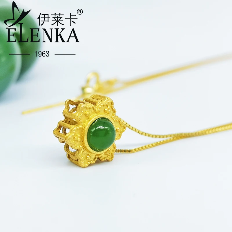 

Luxury Gold Hollow Carved Flower Shape Genuine 925 Sterling Silver Jasper Inlaid Jewelry Pendant Necklace for Women Girls Gifts