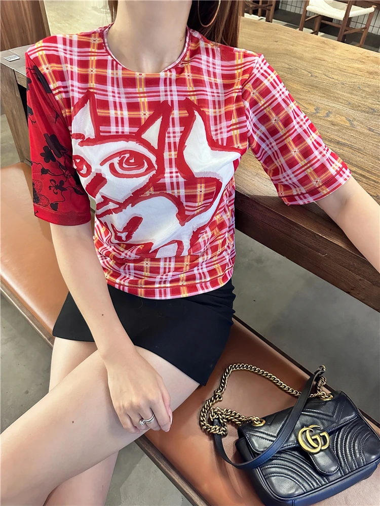 

Женская Сетчатая футболка в клетку с изображением Красной кошки и коротким рукавом, летняя Новинка, шикарный дизайн в уличном стиле, персонализированный пуловер для молодых девушек, Топ