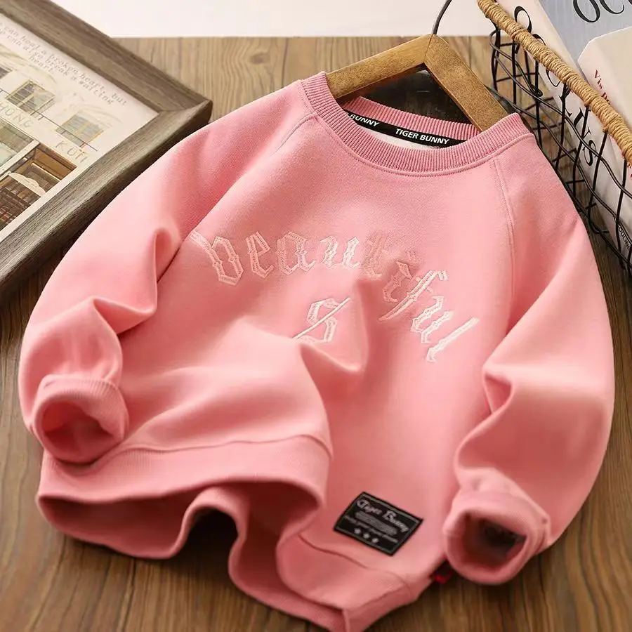 

Boys And Girls Raglan Sleeve Sweatshirt Spring And Autumn New Childrens Embroidery Round Neck Shirt Childrens Sports Top Kids