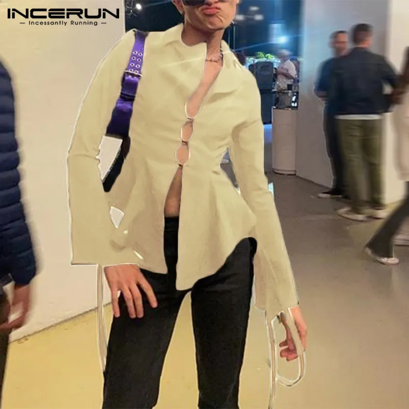 

2023 Men Shirt Solid Color Lapel Long Sleeve Streetwear Lace Up Irregular Shirts Button Hollow Out Fashion Camisas 5XL INCERUN 7