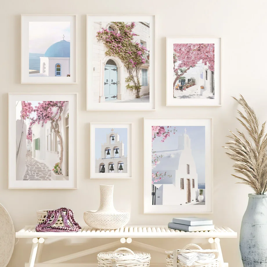 

Pink Flower Sea Bell Creeper Santorini Seascape Nordic Wall Art Canvas Painting Poster And Prints Pictures For Living Room Decor