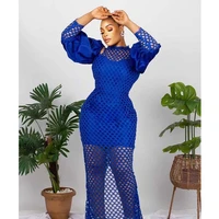 fashion women dress blue sexy patchwork mesh womens cutout puff sleeve slim long dress for women summer 2022 new african