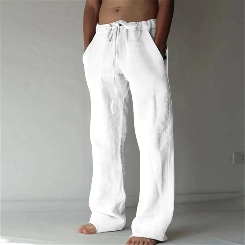 

Solid Color Cotton Linen Men Pants Minimalist Basic Casual Drawstring Trousers Thin Plus Size Loose Straight Leg Pant